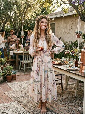 Floral Tie-Waist Long Sleeve Dress - Blush Floral